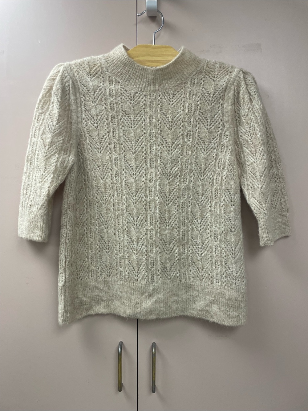 Veronica Beard Grinney Pointelle Knit Mockneck Sweater in Heather Sand Size M